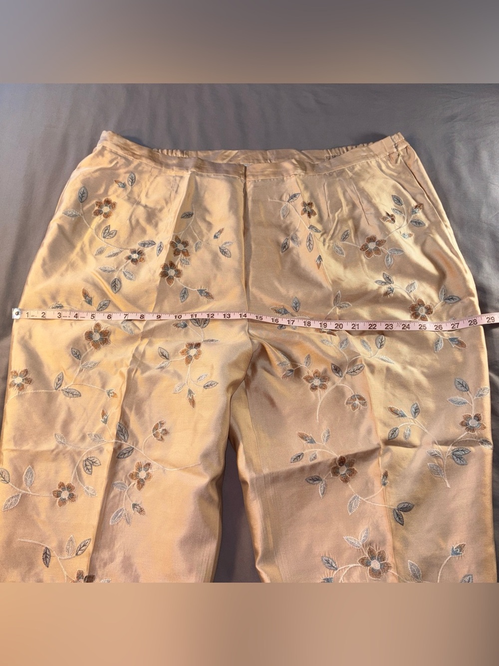 Talbots Silk Embroidered Trouser Pants Sz 22W Champagne Gold Blue Flowers Spring - Picture 10 of 13